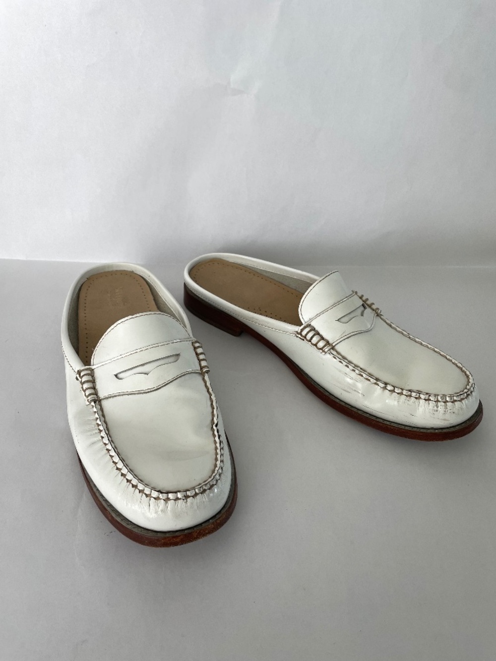 G.H. Bass Weejuns White Leather Backless Penny Loafer Flat Mules, Women's 11